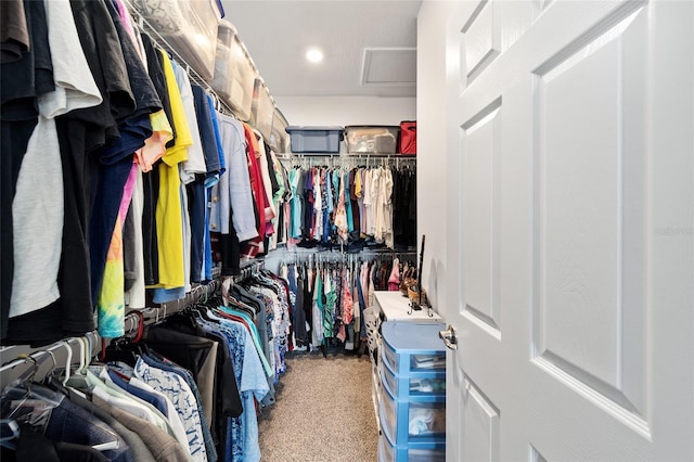 spacious closet featuring light carpet and attic access