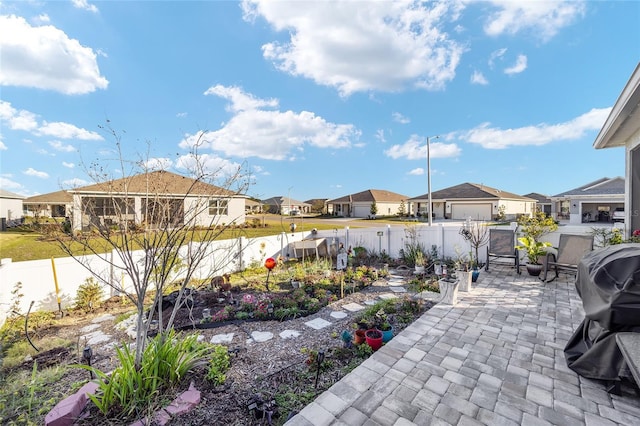 view of patio / terrace with a fenced backyard and a residential view