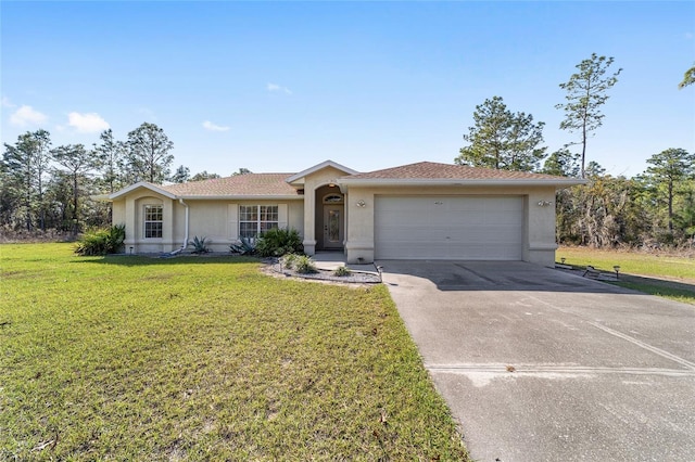 ranch-style house with a garage, driveway, a front lawn, and stucco siding