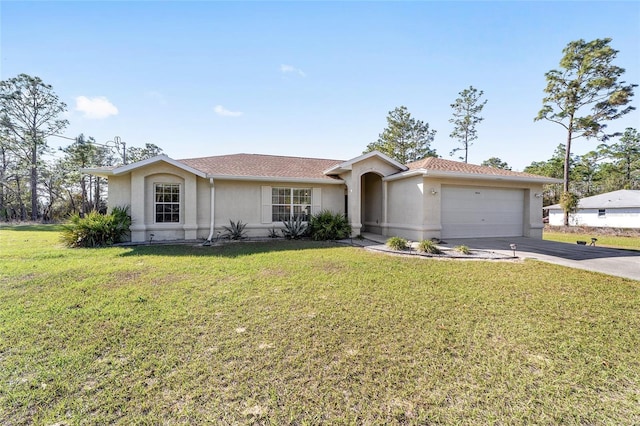 ranch-style house featuring driveway, a front yard, and stucco siding