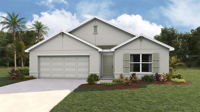 single story home featuring a garage, driveway, a shingled roof, a front yard, and stucco siding