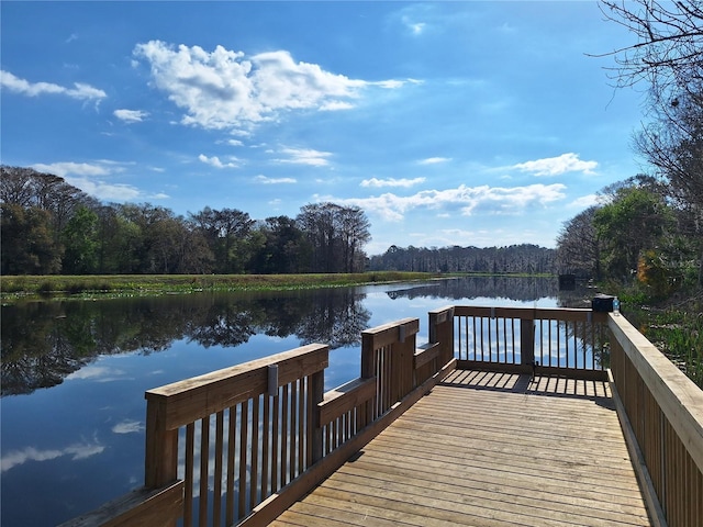 dock area featuring a water view and a view of trees