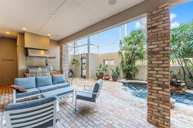 living area with brick floor and recessed lighting