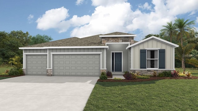 view of front of home featuring board and batten siding, stone siding, a front lawn, and a garage