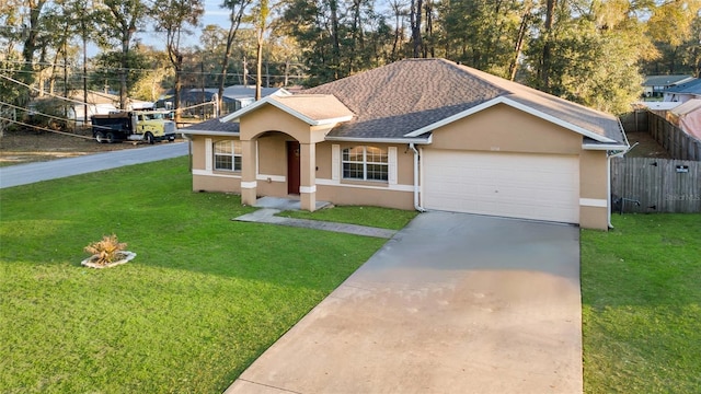 ranch-style house with a garage, fence, and stucco siding