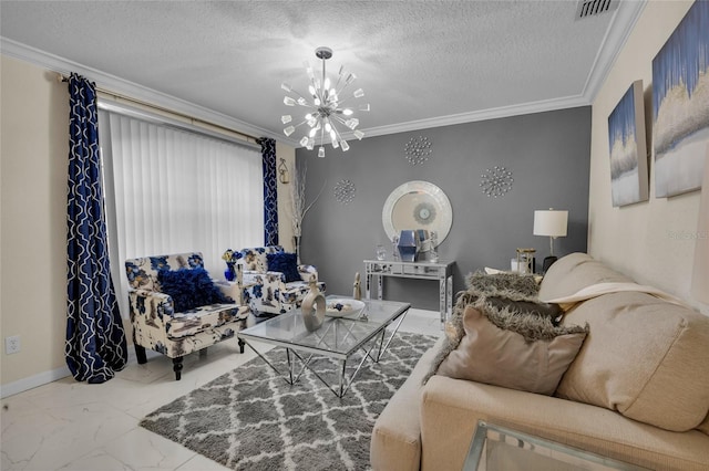 living room with ornamental molding, marble finish floor, a chandelier, and a textured ceiling