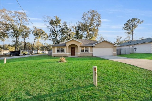 single story home with a front yard, concrete driveway, fence, and stucco siding