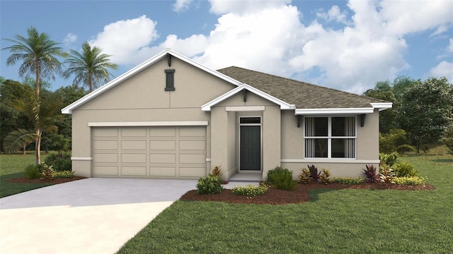 view of front of home with a garage, concrete driveway, a front lawn, and stucco siding