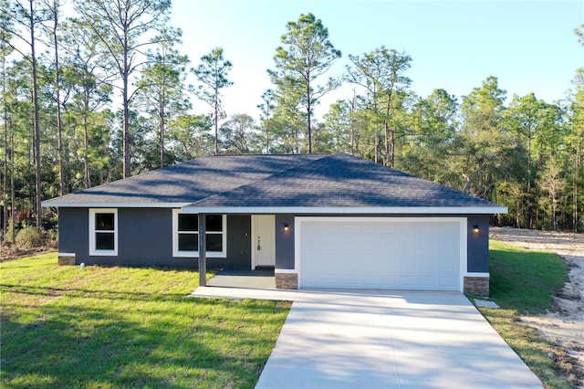 single story home featuring a garage, concrete driveway, stone siding, stucco siding, and a front lawn