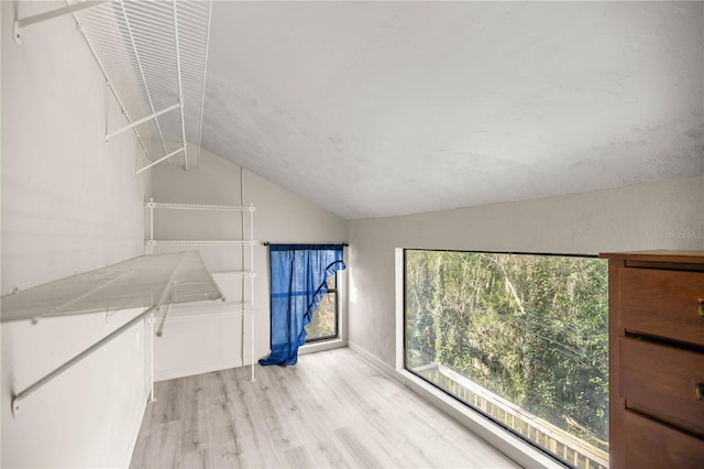 spacious closet with lofted ceiling and light wood-type flooring