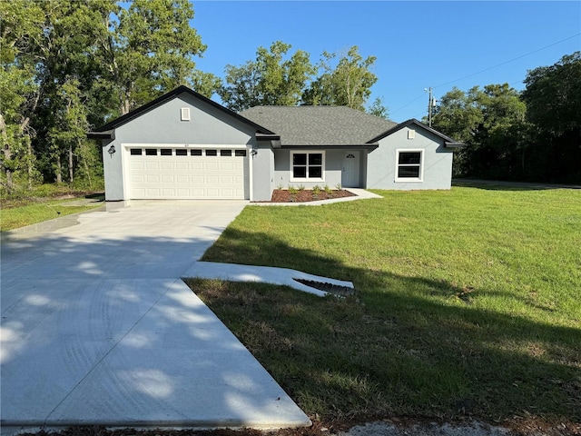 single story home featuring a garage, driveway, a front yard, and stucco siding