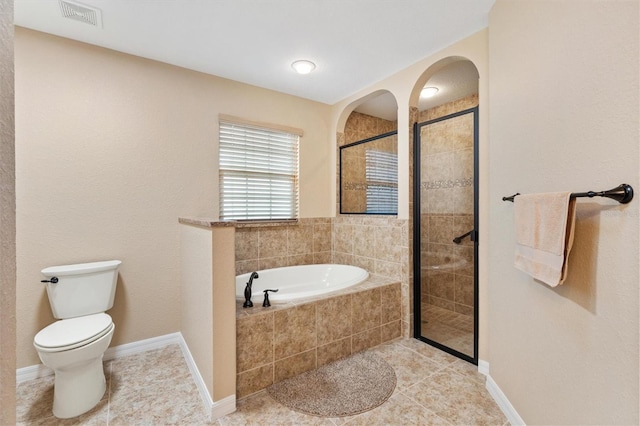 full bath featuring visible vents, tiled shower, toilet, tile patterned floors, and a bath