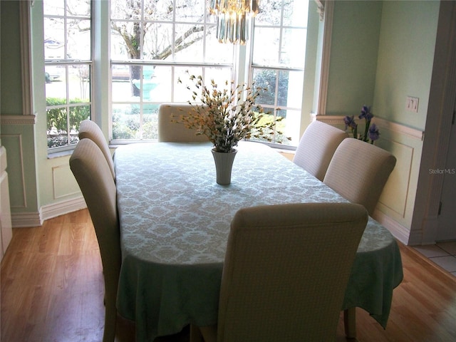 dining space featuring a wainscoted wall, a decorative wall, and wood finished floors