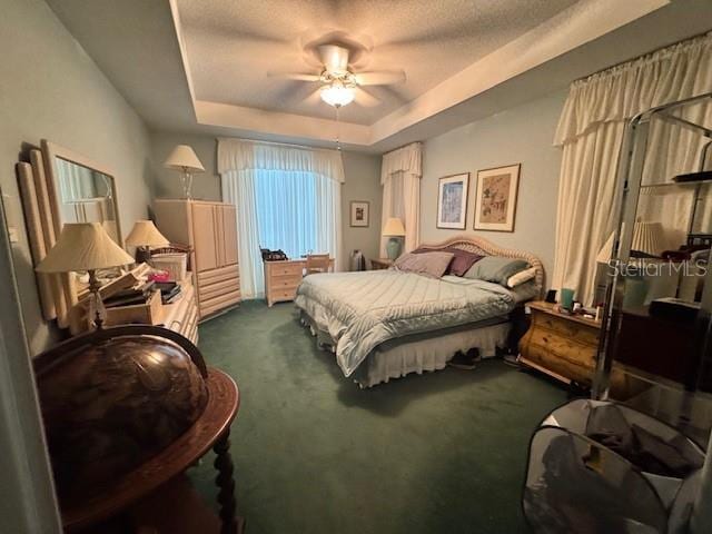 carpeted bedroom featuring a raised ceiling and a ceiling fan