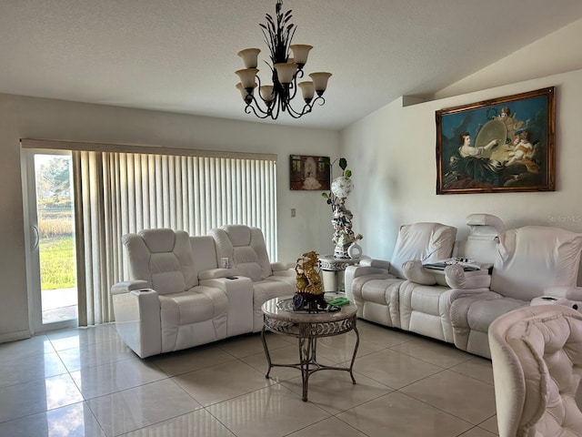 living room with lofted ceiling, a notable chandelier, a textured ceiling, and light tile patterned floors