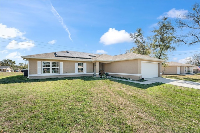 ranch-style home featuring an attached garage, solar panels, driveway, stucco siding, and a front lawn