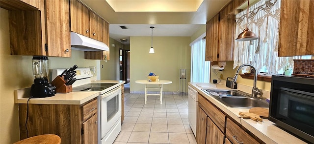 kitchen with brown cabinets, under cabinet range hood, white appliances, and a sink