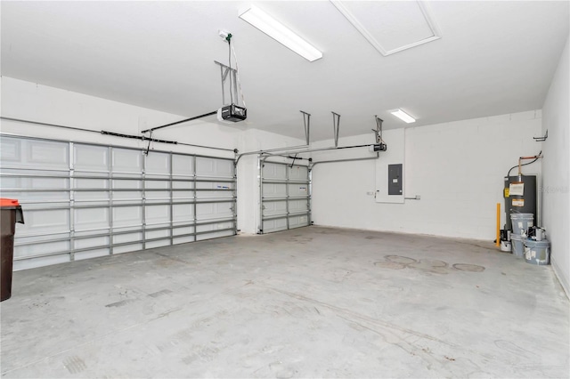 garage with water heater, electric panel, and a garage door opener