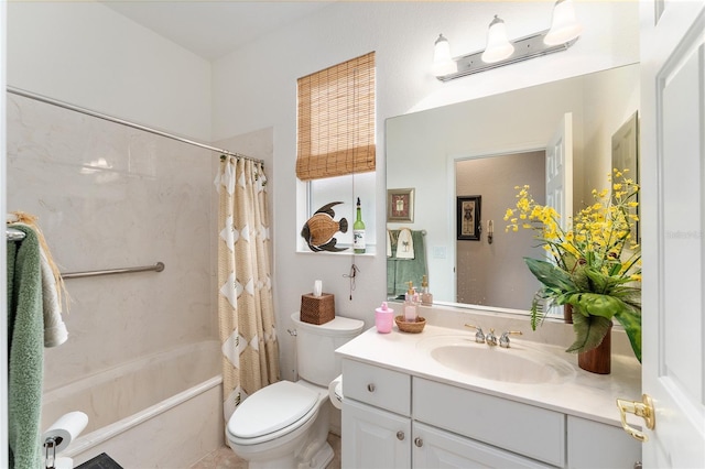 full bathroom with vanity, toilet, and shower / bath combo with shower curtain