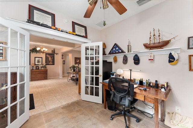 office area with ceiling fan with notable chandelier, french doors, light tile patterned floors, and visible vents