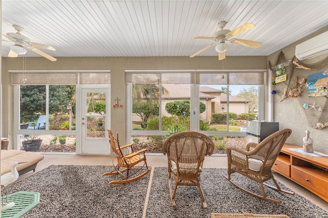 sunroom with wooden ceiling, ceiling fan, and a wall mounted AC