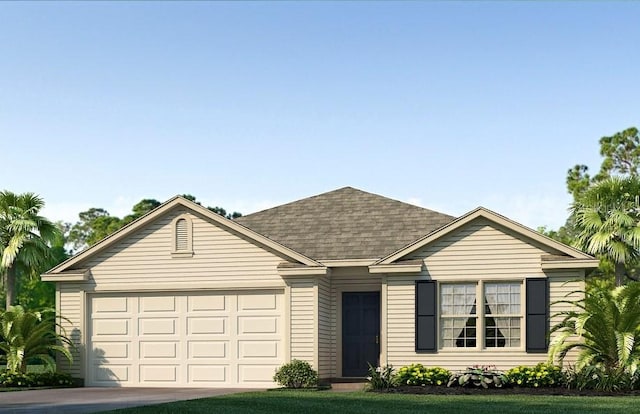 ranch-style house featuring a garage, a shingled roof, and concrete driveway