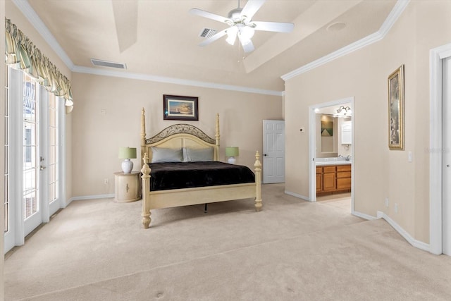 bedroom with light carpet, crown molding, visible vents, and multiple windows