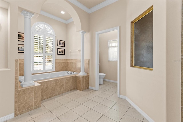 bathroom featuring toilet, tile patterned flooring, decorative columns, and crown molding