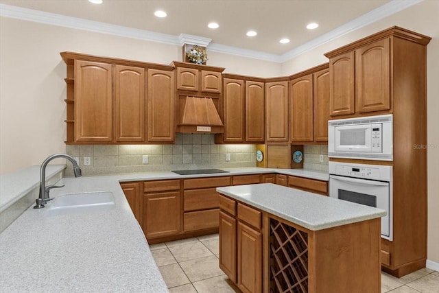 kitchen featuring white appliances, a sink, premium range hood, open shelves, and backsplash