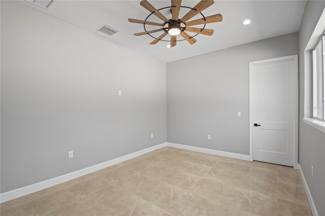 unfurnished room featuring recessed lighting, visible vents, ceiling fan, and baseboards