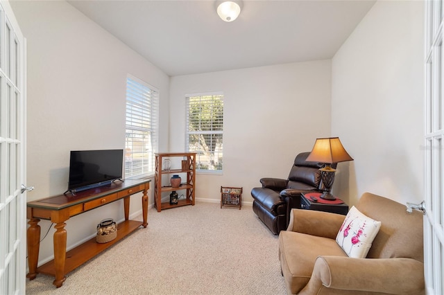 sitting room with carpet flooring and baseboards