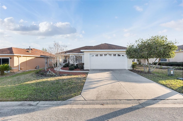 ranch-style house with a front yard, driveway, an attached garage, and stucco siding