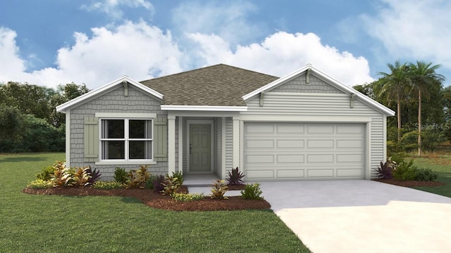 view of front of property with a garage, roof with shingles, concrete driveway, and a front yard