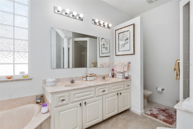 full bathroom featuring a shower, double vanity, a sink, and a bath