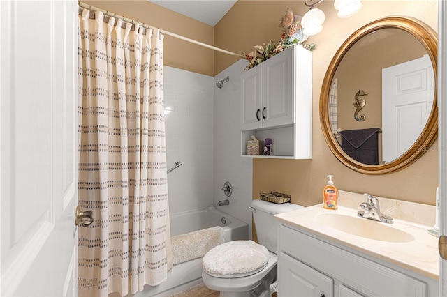 bathroom with toilet, shower / bathtub combination with curtain, and vanity