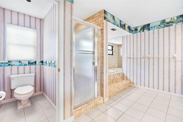 full bathroom with visible vents, toilet, a shower stall, tile patterned flooring, and wallpapered walls