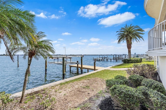 view of dock with a water view and boat lift