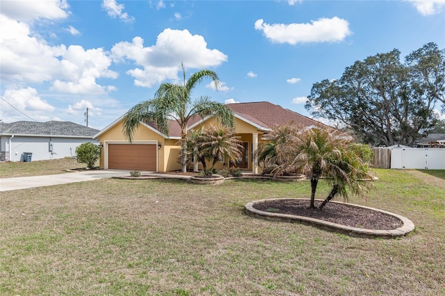 view of front of property with driveway, a garage, fence, a front lawn, and stucco siding