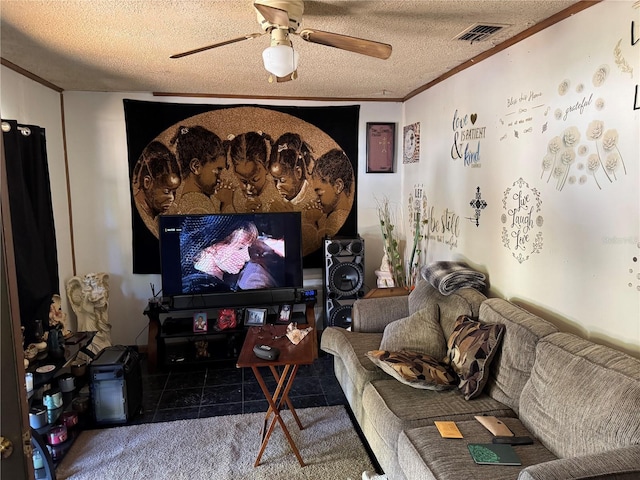1622 NW 16th St, Ocala, FL 34475 - carpeted living area with visible vents, a textured ceiling, crown molding, and ceiling fan