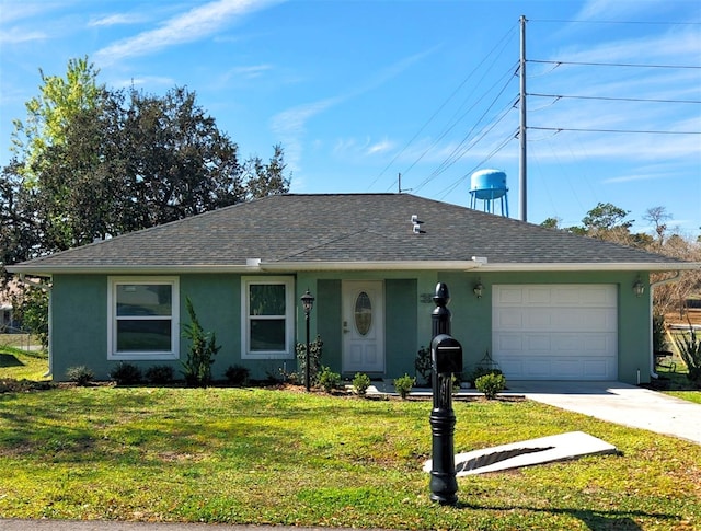 ranch-style home featuring driveway, a garage, stucco siding, roof with shingles, and a front yard