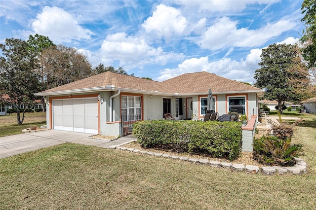 single story home with stucco siding, a shingled roof, concrete driveway, an attached garage, and a front yard