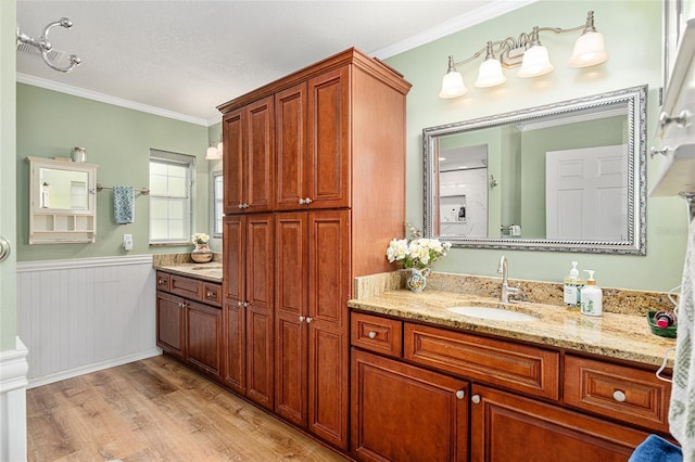 bathroom with wainscoting, vanity, crown molding, and wood finished floors