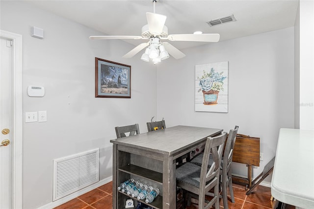 dining area featuring a ceiling fan, visible vents, and dark tile patterned floors