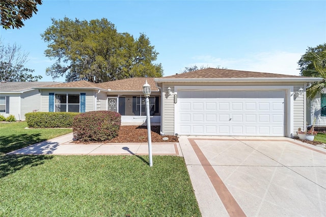 ranch-style house featuring a garage, concrete driveway, and a front lawn