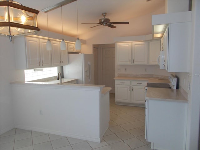 kitchen with white appliances, white cabinets, a peninsula, light countertops, and ceiling fan with notable chandelier