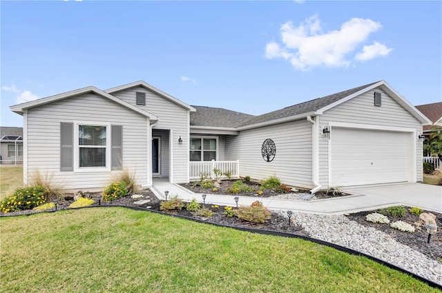 ranch-style home with concrete driveway, a front lawn, roof with shingles, and an attached garage