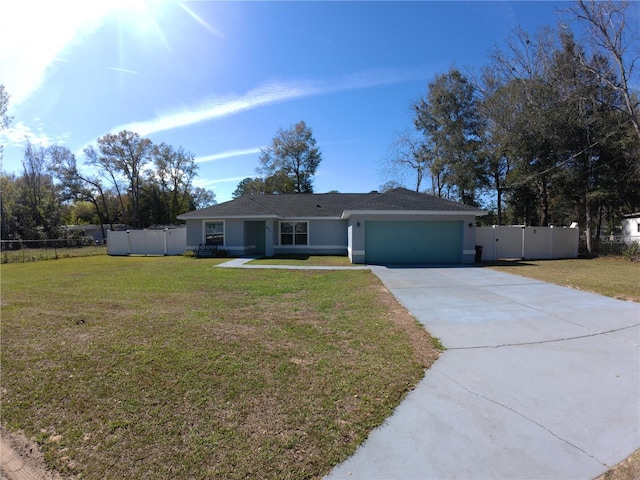 ranch-style house featuring a garage, fence, concrete driveway, stucco siding, and a front yard