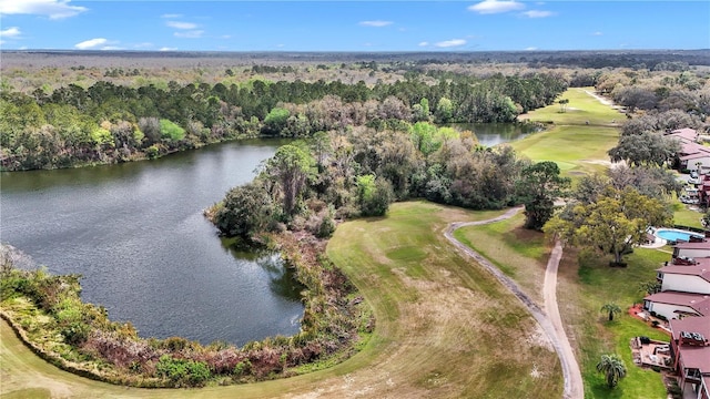 aerial view with a water view and a view of trees