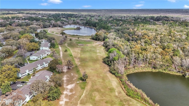 aerial view featuring a water view and a forest view