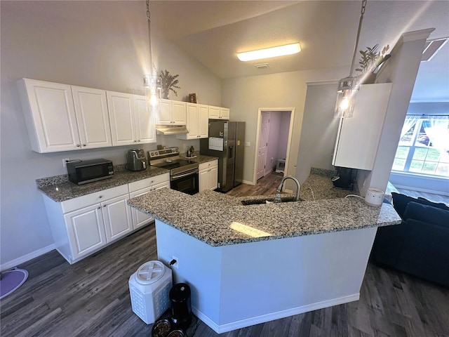 kitchen with a peninsula, stainless steel electric stove, black fridge, under cabinet range hood, and a sink